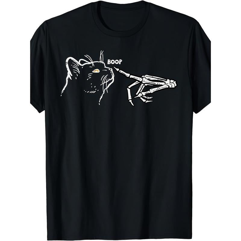 Men's Round Neck Short Sleeve Cotton T-shirt - Black Cat and Skull Hand Pattern Printed, Casual Summer Tee for Daily Wear and Resort, Comfortable and Breathable Fabric made in usa