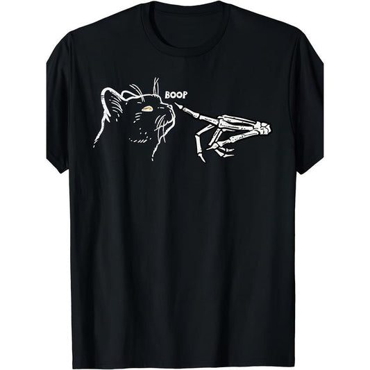 Men's Round Neck Short Sleeve Cotton T-shirt - Black Cat and Skull Hand Pattern Printed, Casual Summer Tee for Daily Wear and Resort, Comfortable and Breathable Fabric made in usa