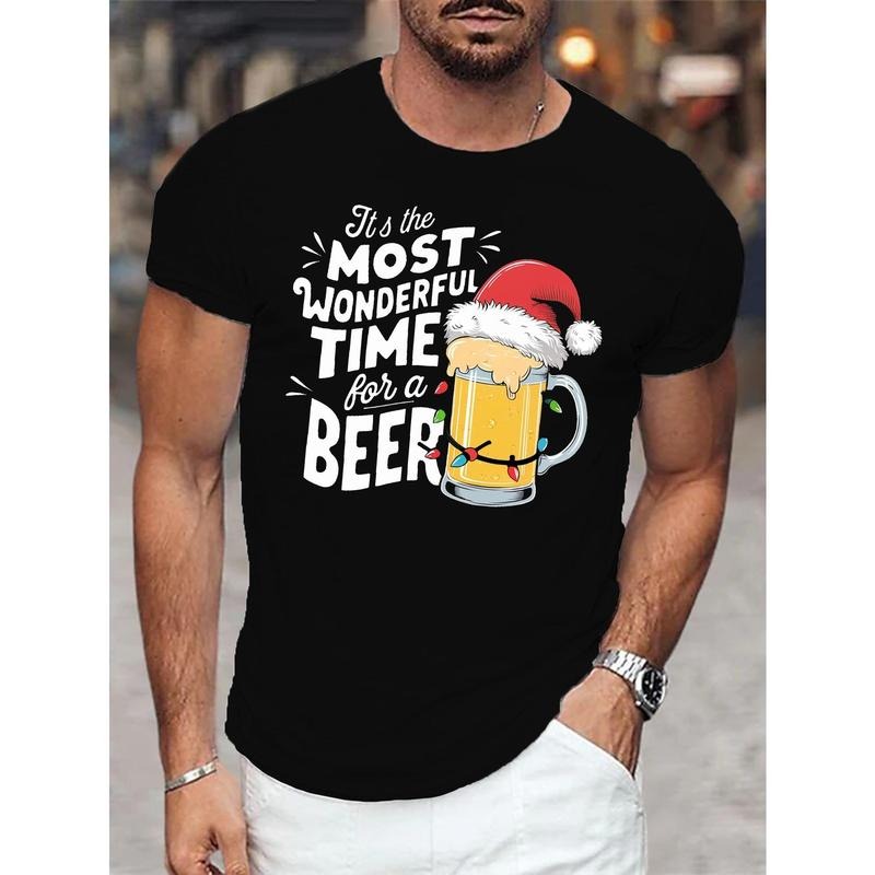 Men's Short Sleeve Crew Neck Beer With Santa Hat Print T-Shirt, Casual Comfortable Stylish Versatile Top Made in USA