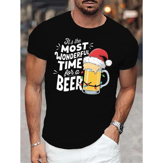 Men's Short Sleeve Crew Neck Beer With Santa Hat Print T-Shirt, Casual Comfortable Stylish Versatile Top Made in USA