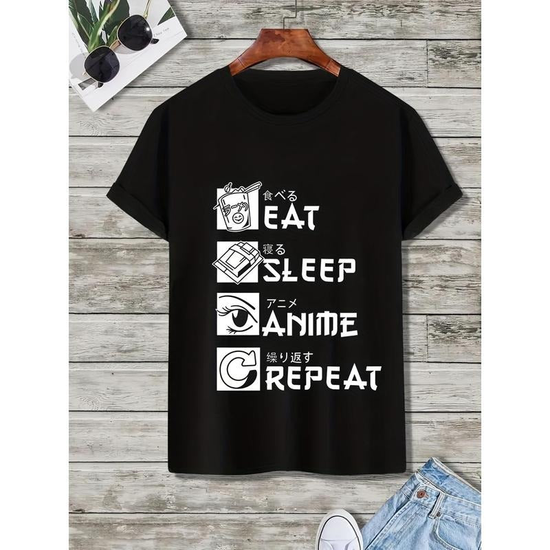 Men's Short Sleeve Round Neck Japanese Print Graphic Tee - Casual Regular Fit Anime Letter T-shirt for Summer Loungewear Pajama Top Made in USA