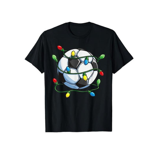 Men's Soccer Christmas Lights Graphic Tee - Casual Cotton Short Sleeve T-Shirt, Breathable & Machine Washable, Crew Neck, Summer-Ready, Slim Fit for Casual Attire made in usa