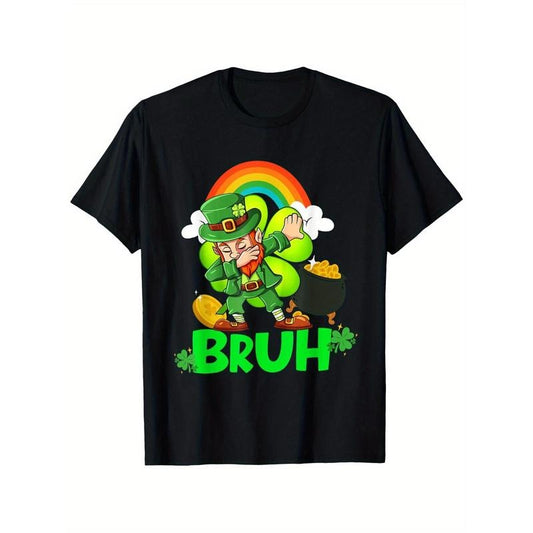 Men's St. Patrick's Day T-Shirt - "Bruh" Leprechaun Hat Graphic, 100% Cotton, Short Sleeve, Round Neck, Comfort Fit, Machine Washable - Black with Green Shamrock Design Made in USA
