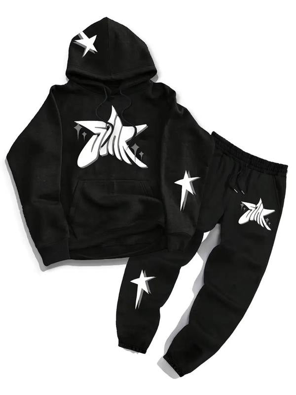 Men's Star Print Hooded Sweatshirt & Sweatpants Set, Regular Fit Casual Long Sleeve Pullover & Jogger Pants, Men's Spring & Fall Clothes