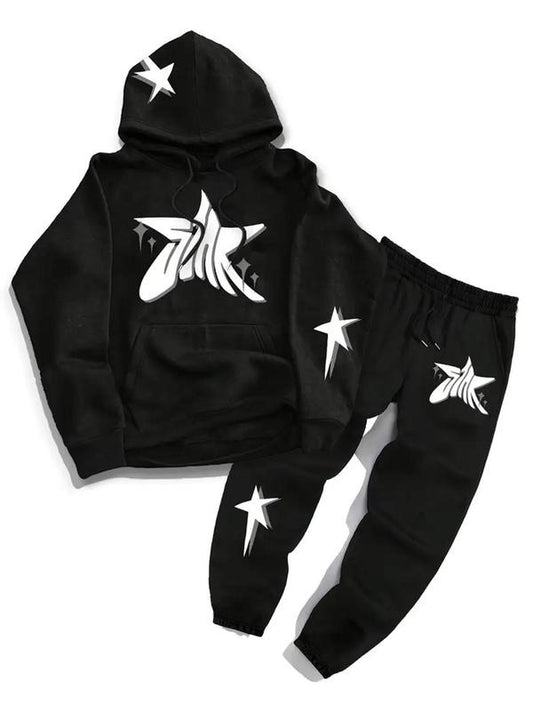 Men's Star Print Hooded Sweatshirt & Sweatpants Set, Regular Fit Casual Long Sleeve Pullover & Jogger Pants, Men's Spring & Fall Clothes