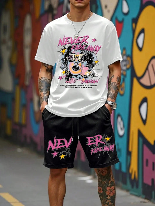 Men's Street Graffiti Graphic Print Crew Neck Tee & Drawstring Waits Shorts Two-Piece Set, Regular Fit Street Fashion Casual Comfy Round Neck Short Sleeve T-shirt & Pocket Shorts, Summer Clothes Set for Men