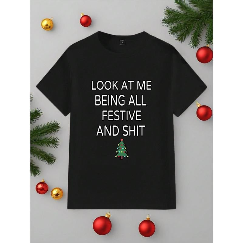 Men's Summer Casual Everyday Slogan And Christmas Tree Graphic Short Sleeve T-Shirt Made in USA