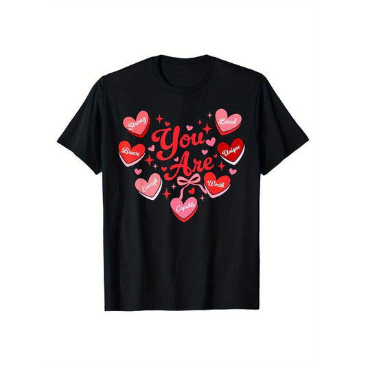 Men's Summer Casual Happy Valentine's You Are Loved Worthy Enough Candy Heart T-Shirt Graphic Tee-Comfortable, Stylish Round Neck Short Sleeve T-Shirt for Casual Attire, Plus Size T Shirts made in usa