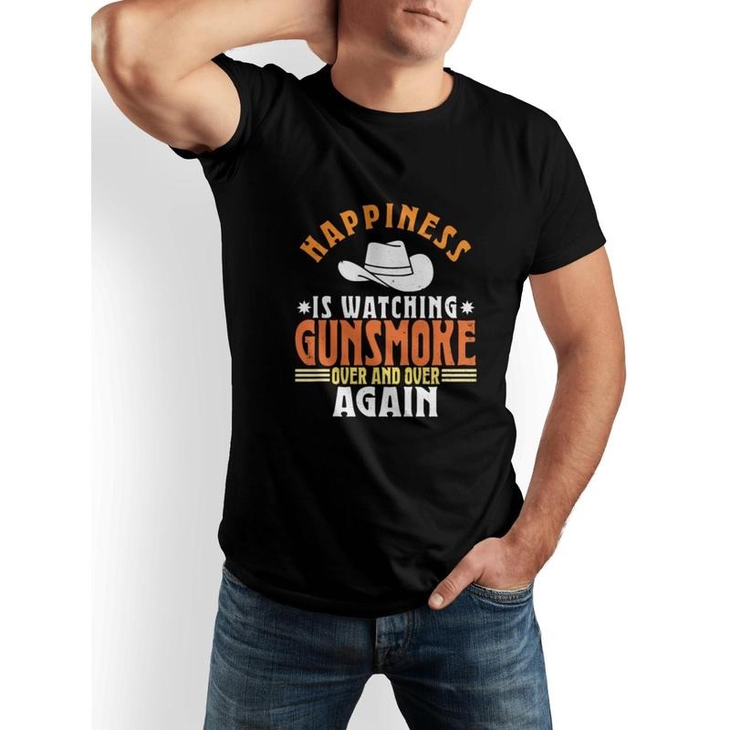 Men's Summer Short Sleeve T-Shirt with Front Print - Comfortable, Breathable Fabric, Casual Sporty Style- Happiness Is Watching Gunsmoke Over And Over Again made in usa