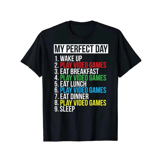 Men's T-shirt, funny "My Perfect Day" print t-shirt, summer, spring fall casual short sleeve t-shirt, top as a gift for those who love video games Menswear Embroidered Tshirt Streetwear