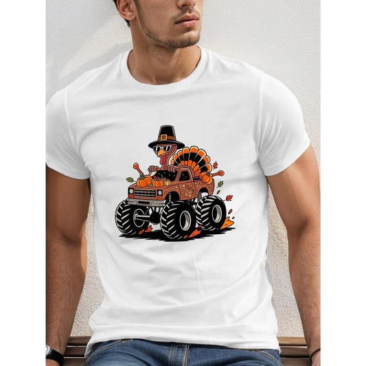 Men's Thanksgiving Turkey Monster Truck Graphic Tee - Casual Polyester Short Sleeve T-Shirt with Round Neck for Adults - Summer Knit Top made in usa