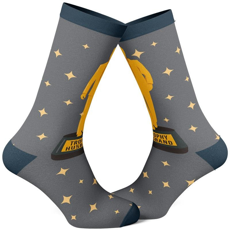 Men's Trophy Husband Socks Funny Best Hubby Award Sparkling Gold Footwear Funny Graphic Socks Comfortable Fitted Spandex Cotton