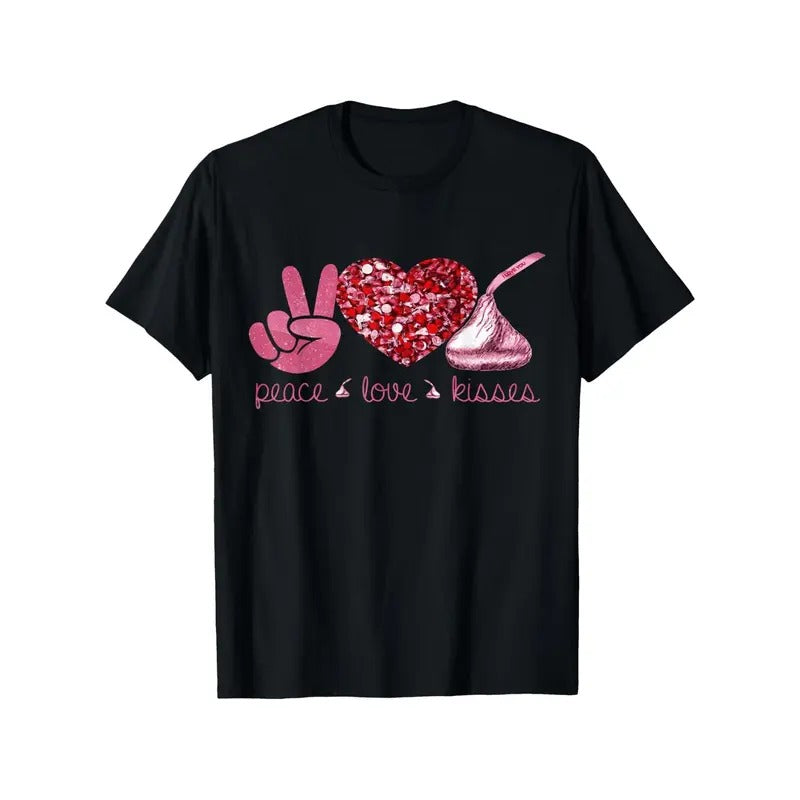 Men's Valentine's Day Cotton Tee - "Peace, Love & Kisses" Graphic with Heart & Chocolate Design, Casual Crew Neck Short Sleeve T-Shirt, Breathable & Soft, Sizes S-3XL, Perfect for Daily Wear & Gifting, Valentine's Day Outfitmade in usa