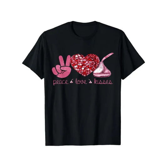 Men's Valentine's Day Cotton Tee - "Peace, Love & Kisses" Graphic with Heart & Chocolate Design, Casual Crew Neck Short Sleeve T-Shirt, Breathable & Soft, Sizes S-3XL, Perfect for Daily Wear & Gifting, Valentine's Day Outfitmade in usa