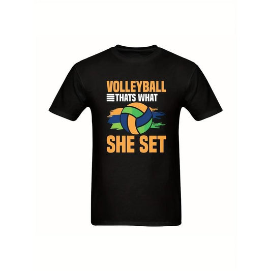 Men's Volleyball-Themed T-Shirt - 'VOLLEYBALL THAT'S WHAT SHE SET' Slogan With Orange & Green Ball Graphic - Stylish Black Tee" made in usa