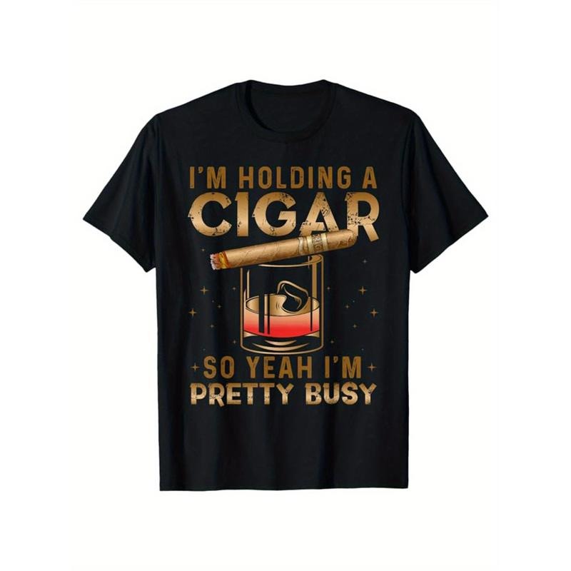 Men's cigar print cotton T-shirt, casual short-sleeved crew neck T-shirt, soft and comfortable top, men's made in usa