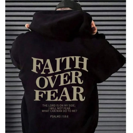 Men's faith Over Fear Slogan Print Drawstring Hoodie, Street T-shirt Casual Regular Fit Long Sleeve Pocket Hooded Sweatshirt for Fall & Winter, Men's Top for Daily Wear Vintage Hoodies