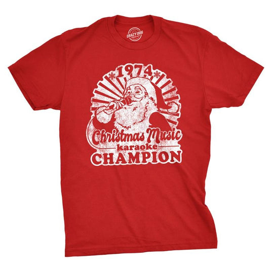 Mens 1974 Christmas Music Karaoke Champion T shirt Funny Vintage Graphic Tee Mens Funny T Shirts Cool Tees Soft Stylish Casual Menswear Christmas Apparel for Men Funny Music Short Sleeve Novelty Tees Red