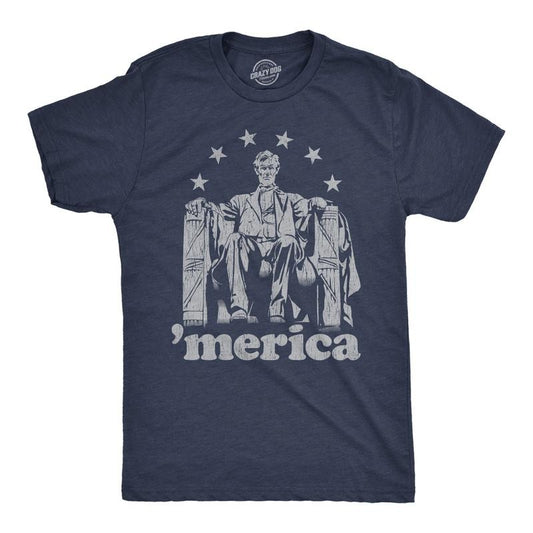 Mens Abe Lincoln 'Merica T Shirt Funny 4th of July USA Patriotic Graphic Novelty Tee Mens Funny T Shirts Cool Tees Soft Stylish Casual Menswear Patriotic Apparel for Men Funny Political Short Sleeve Navy