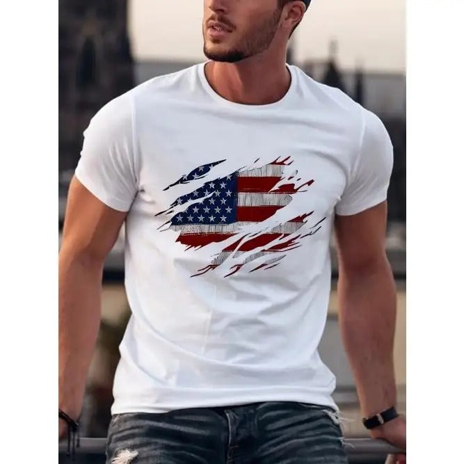 Mens American Flag Printed Casual Crew Neck T-Shirt - Soft Slight Stretch Polyester Fabric, Relaxed Fit, Summer and Autumn Essential - Easy Wear for Adults Made in USA