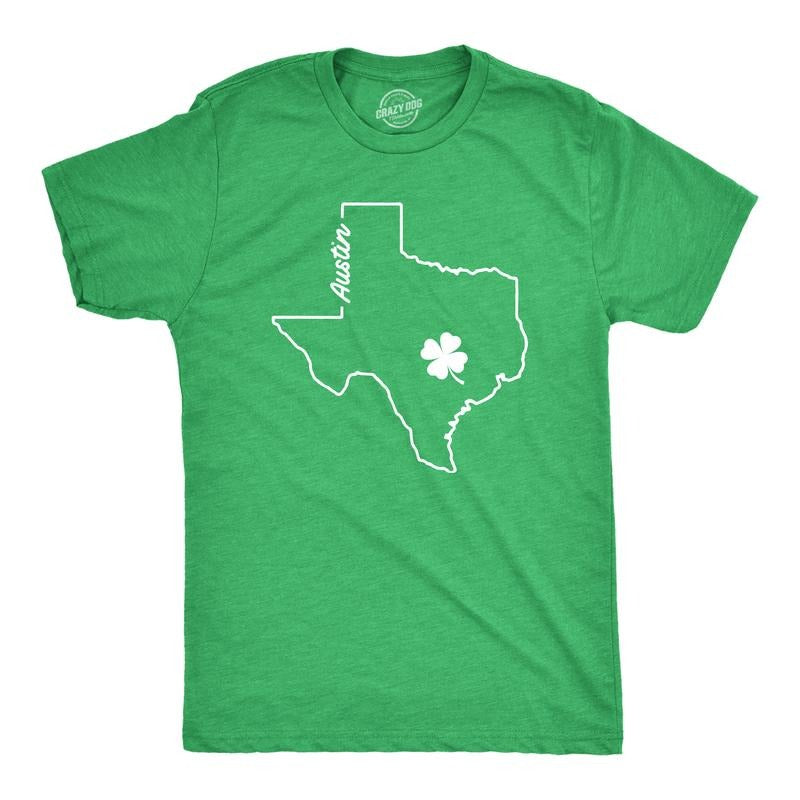 Mens Austin Texas Saint Patrick's T Shirt Funny St. Paddy's Day Parade Novelty Graphic Tee for Guys Mens Funny T Shirts Cool Tees Soft Stylish Casual Menswear Saint Patrick's Day Apparel for Men Green