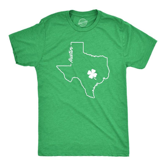 Mens Austin Texas Saint Patrick's T Shirt Funny St. Paddy's Day Parade Novelty Graphic Tee for Guys Mens Funny T Shirts Cool Tees Soft Stylish Casual Menswear Saint Patrick's Day Apparel for Men Green