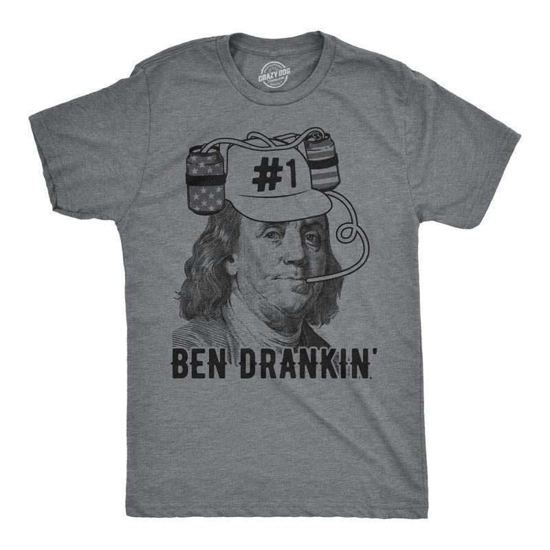 Mens Ben Drankin T shirt Funny 4th Of July Beer Drinking Patriotic USA Graphic Mens Funny T Shirts Cool Tees Soft Stylish Casual Menswear Patriotic Apparel for Men Funny Beer Short Sleeve Novelty Tees Dark Grey