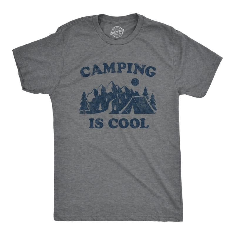 Mens Camping Is Cool Tshirt Funny Outdoor Adventure Hiking Tent Novelty Graphic Tee Mens Funny T Shirts Cool Slimming Tees with Plus Sizes Funny Camping T Shirt Novelty Tees for Men Dark Grey