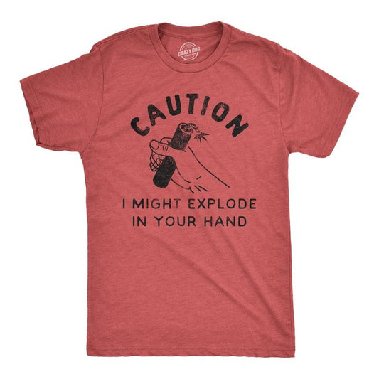 Mens Caution I Might Explode In Your Hand T Shirt Funny 4th Of July Firework Graphic Novelty Tee Mens Funny T Shirts Cool Tees Soft Stylish Casual Menswear Patriotic Apparel for Men Novelty Tees for Red