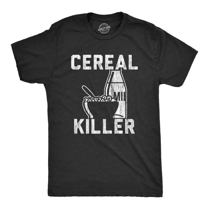 Mens Cereal Killer T Shirt Funny Breakfast Serial Sarcastic Wordplay Graphic Tee Mens Funny T Shirts Cool Tees Soft Stylish Casual Menswear Funny Sarcastic Short Sleeve Novelty Tees for Guys Black
