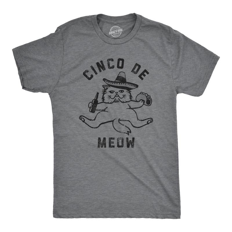 Mens Cinco De Meow Funny Cat T-Shirt Hilarious Graphic Tee Mens Funny T Shirts Cool Tees Soft Stylish Casual Menswear Cinco De Mayo Apparel for Men Funny Cat Short Sleeve Novelty Tees for Guys Dark Grey