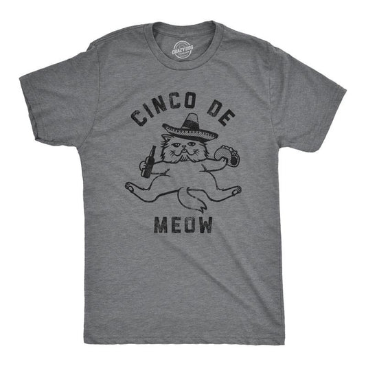 Mens Cinco De Meow Funny Cat T-Shirt Hilarious Graphic Tee Mens Funny T Shirts Cool Tees Soft Stylish Casual Menswear Cinco De Mayo Apparel for Men Funny Cat Short Sleeve Novelty Tees for Guys Dark Grey