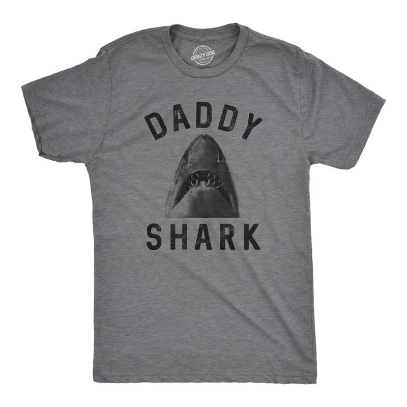 Mens Daddy Shark T Shirt Funny Shark Face Chomp Jaws Fathers Day Graphic Tee Mens Funny T Shirts Cool Tees Soft Stylish Casual Menswear Dark Grey