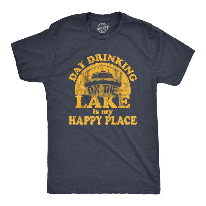 Mens Day Drinking On The Lake Is My Happy Place T Shirt Funny Summer Boating Vacation Graphic Tee Mens Funny T Shirts Cool Tees Soft Stylish Casual Menswear Summer Apparel for Men Funny Drinking Short Navy