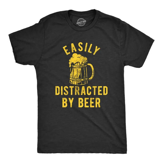 Mens Easily Distracted By Beer T Shirt Funny Drinking Graphic Novelty Tee for Guys Mens Funny T Shirts Cool Tees Soft Stylish Casual Menswear Funny Beer Short Sleeve Novelty Tees for Guys Black