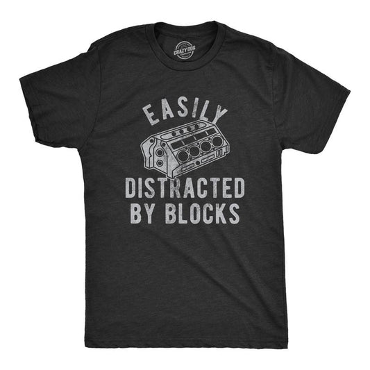 Mens Easily Distracted By Blocks T Shirt Funny Car Engine Lovers Novelty Graphic Tee For Guys Mens Funny T Shirts Cool Tees Soft Stylish Casual Menswear Funny Sarcastic Short Sleeve Novelty Tees for Black
