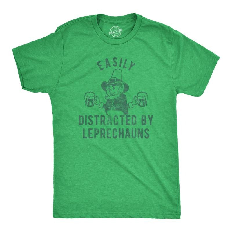 Mens Easily Distracted By Leprechauns T Shirt Funny Saint Patrick's Day Parade Novelty Graphic Tee for Guys Mens Funny T Shirts Cool Tees Soft Stylish Casual Menswear Saint Patrick's Day Apparel for Green