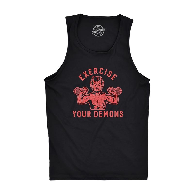 Mens Exercise Your Demons Fitness Tank Funny Halloween Fitness Workout Devil Graphic Tanktop Funny Workout Shirt for Men with Plus Sizes Halloween Tank Top for Men Funny Fitness Sleeveless Tee Novelty Black -