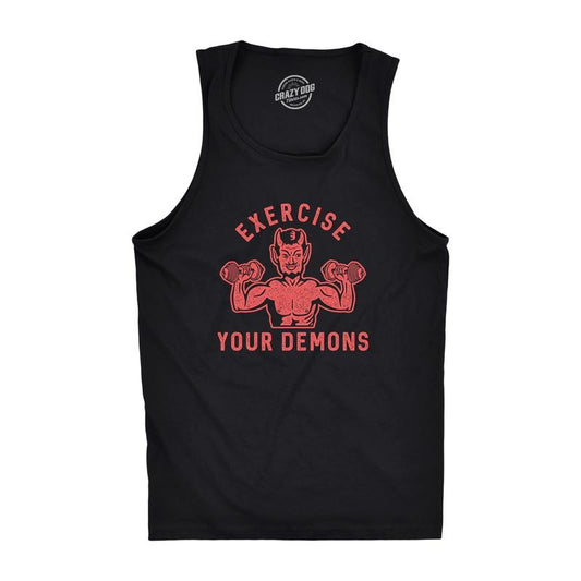 Mens Exercise Your Demons Fitness Tank Funny Halloween Fitness Workout Devil Graphic Tanktop Funny Workout Shirt for Men with Plus Sizes Halloween Tank Top for Men Funny Fitness Sleeveless Tee Novelty Black -