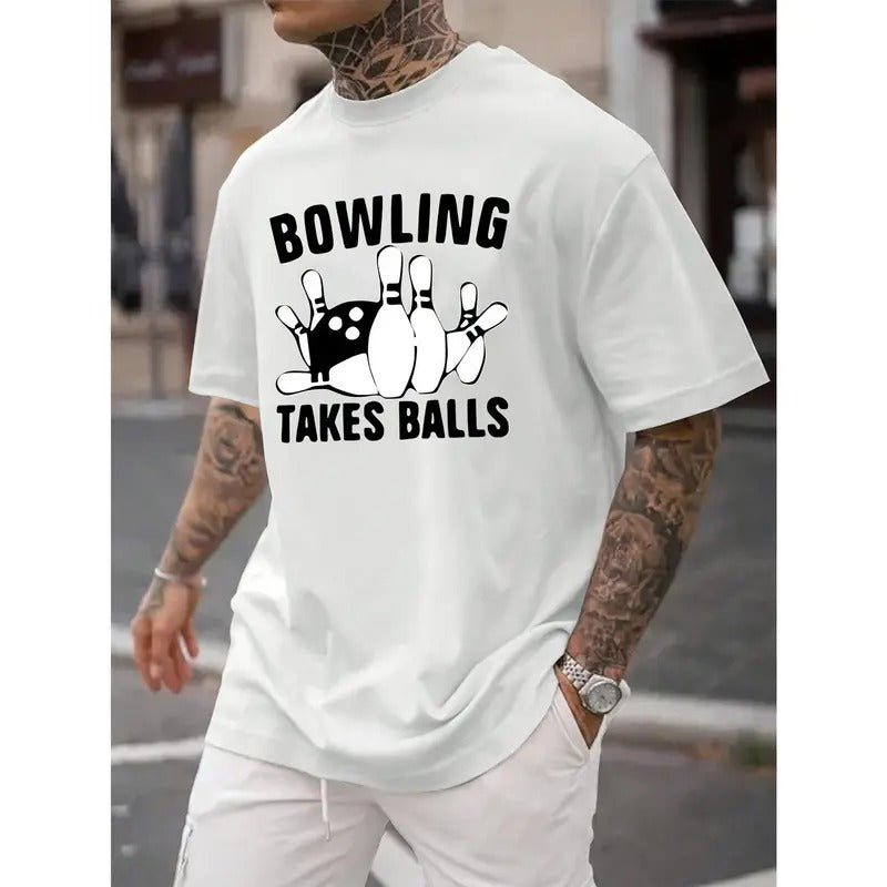 Mens Fashionable Bowling Print Short Sleeve T-shirt - Classic Crew Neck, Ultra-Comfortable, Versatile Style for Summer Sports and Outdoor Activities - Designed Exclusively for Men with a Stylish Touch Made in USA