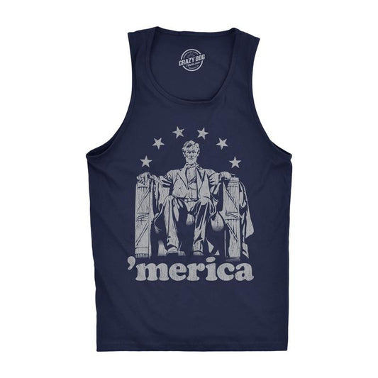 Mens Fitness Tank Abe Lincoln 'Merica Tanktop Funny 4th of July USA Patriotic Graphic Novelty Shirt Funny Workout Shirt for Men with Plus Sizes Patriotic Tank Top for Men Funny Political Sleeveless Navy