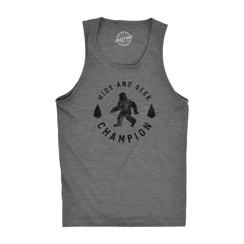 Mens Fitness Tank Hide and Seek Champion Tanktop Funny Bigfoot Sasquatch Shirt Funny Workout Shirt for Men with Plus Sizes Funny Dark Grey