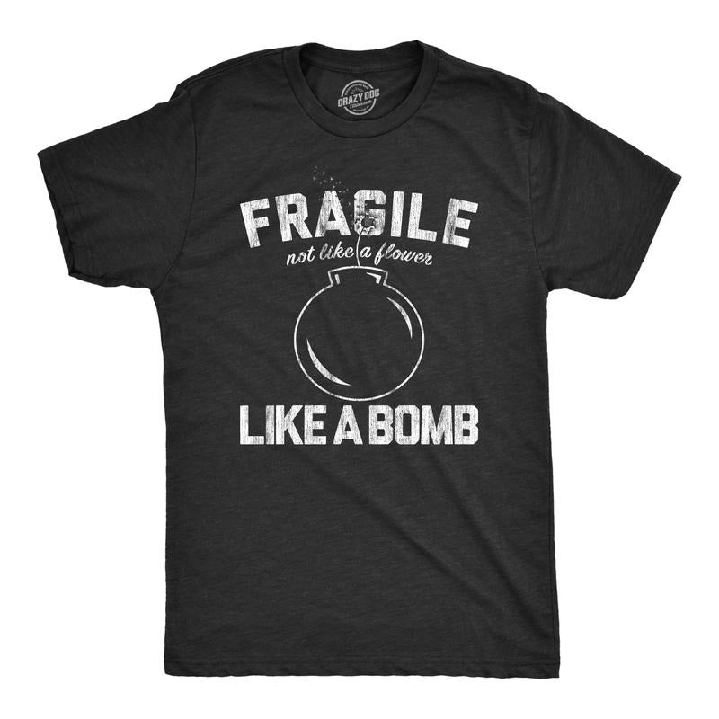 Mens Fragile Like A Bomb T Shirt Funny Saying Humor Graphic Novelty Tee For Guys Mens Funny T Shirts Cool Tees Soft Stylish Casual Menswear Funny Sarcastic T Shirt Novelty Tees for Men Black