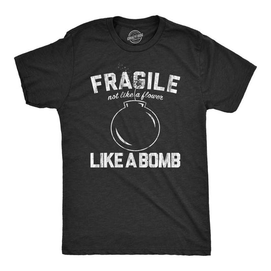 Mens Fragile Like A Bomb T Shirt Funny Saying Humor Graphic Novelty Tee For Guys Mens Funny T Shirts Cool Tees Soft Stylish Casual Menswear Funny Sarcastic T Shirt Novelty Tees for Men Black