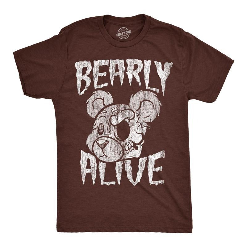 Mens Funny T Shirts Bearly Alive Sarcastic Creepy Bear Graphic Novelty Tee For Men Mens Funny T Shirts Cool Tees Soft Stylish Casual Menswear Halloween Apparel for Men Funny Halloween Short Sleeve Brown -