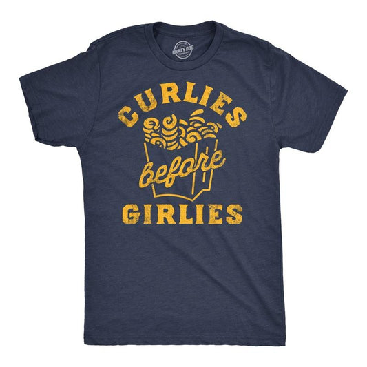 Mens Funny T Shirts Curlies Before Girlies Sarcastic Curly Fries Graphic Tee For Men Mens Funny T Shirts Cool Tees Soft Stylish Casual Menswear Sarcastic Apparel for Men Funny Food Short Sleeve Navy -