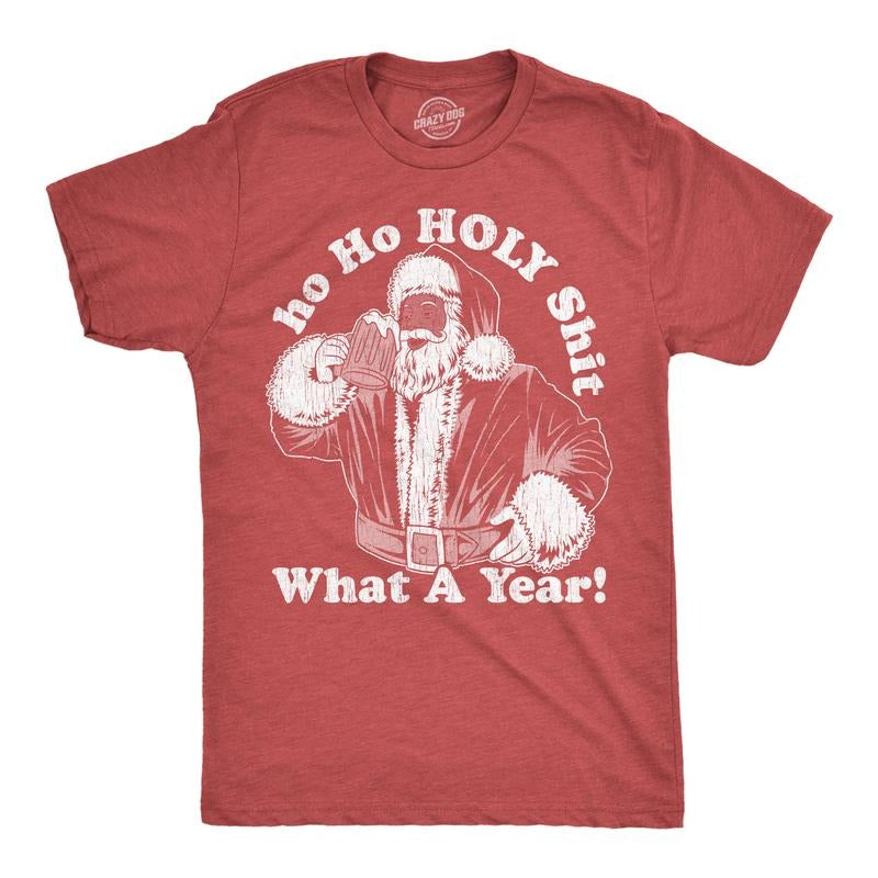 Mens Funny T Shirts Ho Ho Holy Shit What A Year Sarcastic Christmas Santa Claus Graphic Novelty Tee For Men Mens Funny T Shirts Cool Tees Soft Stylish Casual Menswear Christmas Apparel for Men Funny Red - Ho