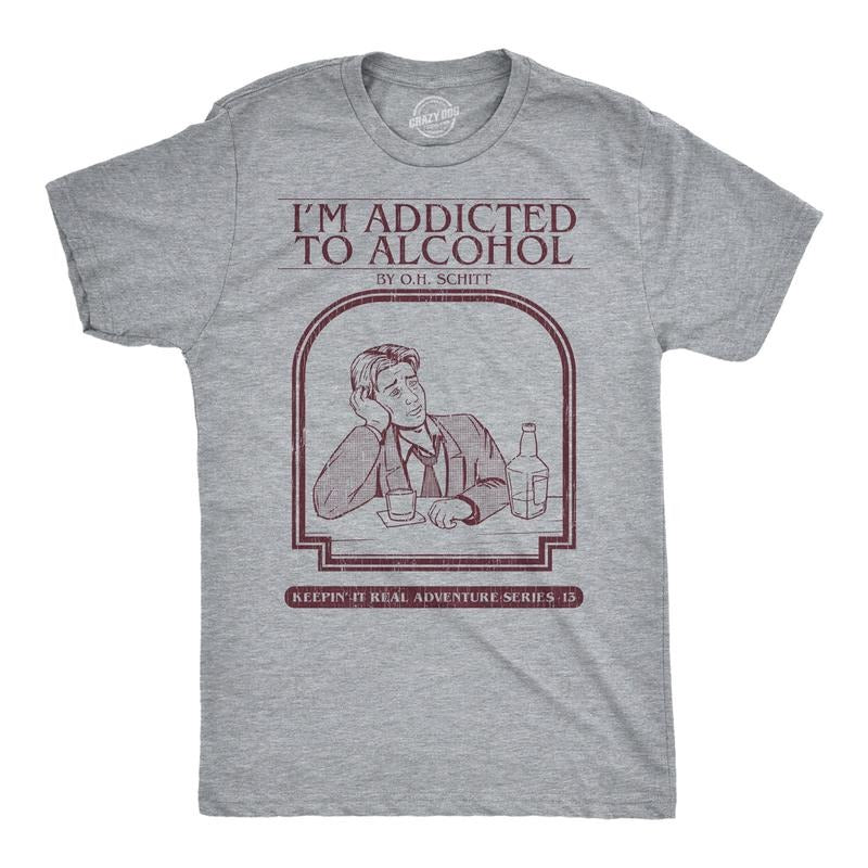 Mens Funny T Shirts Im Addicted To Alcohol Book Sarcastic Graphic Novelty Tee For Men Mens Funny T Shirts Cool Tees Soft Stylish Casual Menswear Nerd Apparel for Men Funny Drinking Short Sleeve Light Grey