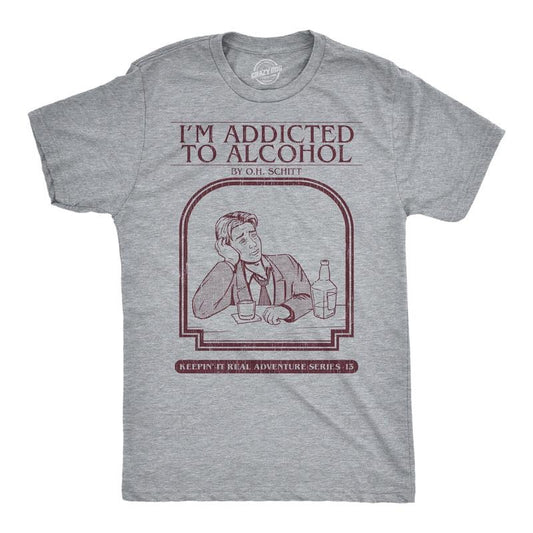 Mens Funny T Shirts Im Addicted To Alcohol Book Sarcastic Graphic Novelty Tee For Men Mens Funny T Shirts Cool Tees Soft Stylish Casual Menswear Nerd Apparel for Men Funny Drinking Short Sleeve Light Grey