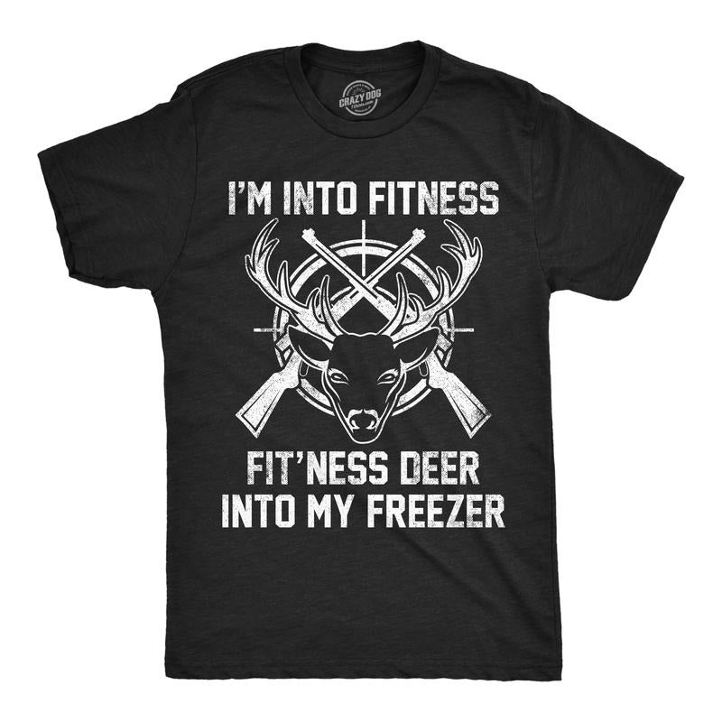 Mens Funny T Shirts Im Into Fitness Fitness Deer Into My Freezer Sarcastic Hunter Graphic Novelty Tee For Men Mens Funny T Shirts Cool Tees Soft Stylish Casual Menswear Sarcastic Apparel for Men Funny Black -